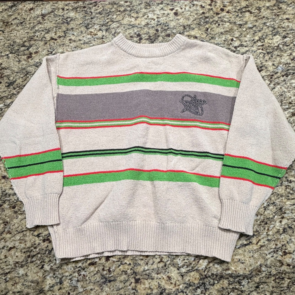 BDG Urban Outfitters Womens XS Striped Star Knit Crewneck Sweater Tan Green Grey